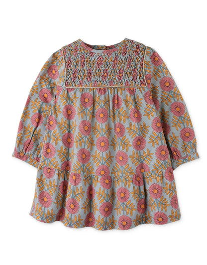 Baby Girls Floral Tired Dress With Smocking Contrast Binding