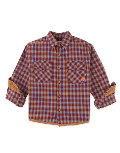 BOYS WOVEN CHECKS SHIRT WITH FINE CORD HEM BINDING